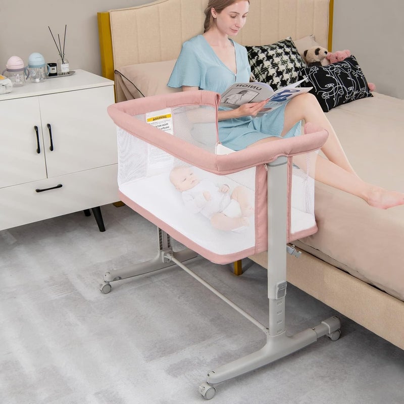 INFANS 3 in 1 Baby Bassinet, Bedside Sleeper for Newborn, Folding Crib with Mattress, Travel Bag, Wheels, 4-Sided Mesh, Easy to Assemble Cradle Co Sleeper Stationary, Rock (Pink) - Image 1